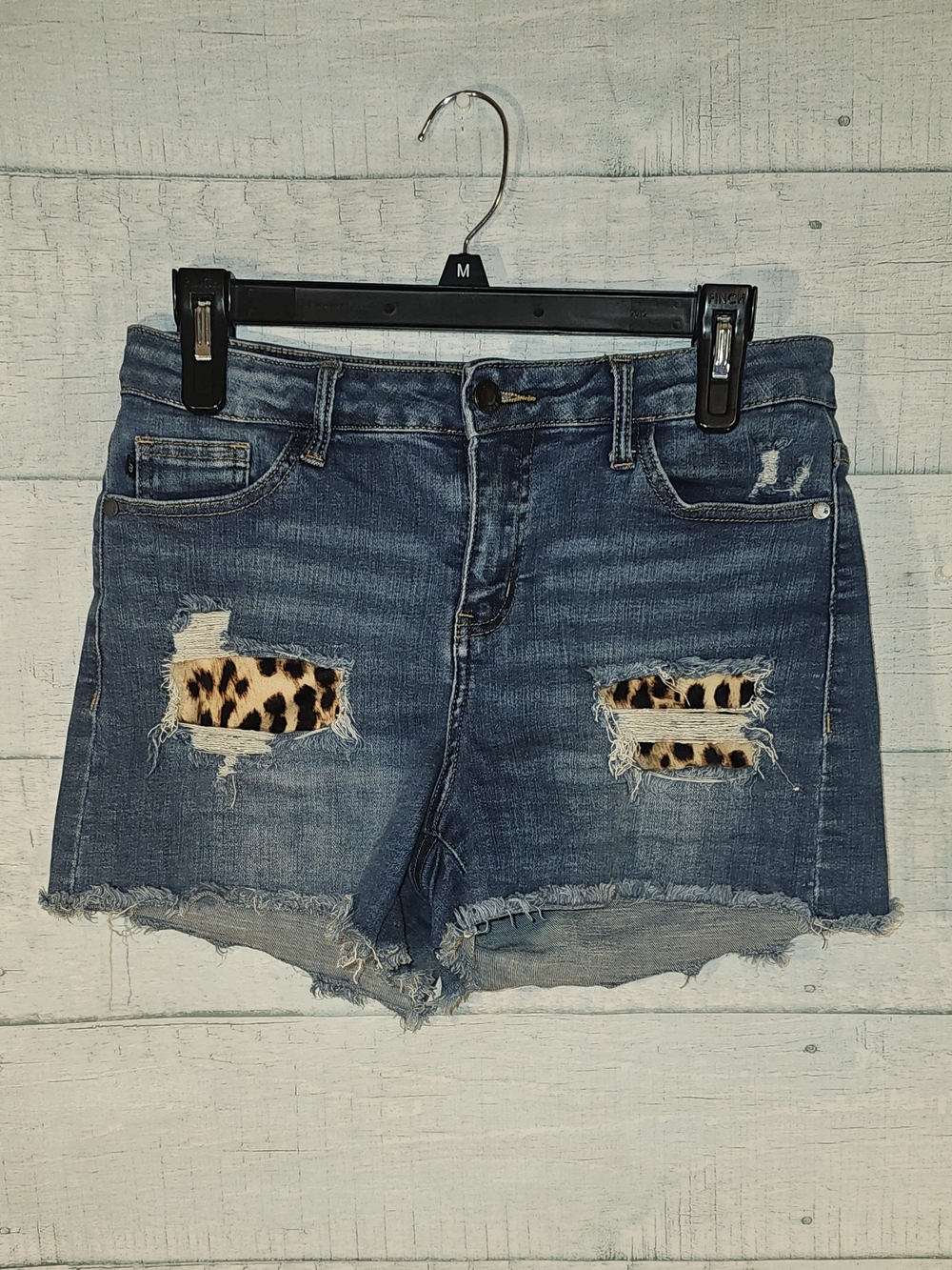 Judy Blue Distressed Blue Denim Shorts with Leopard Patch